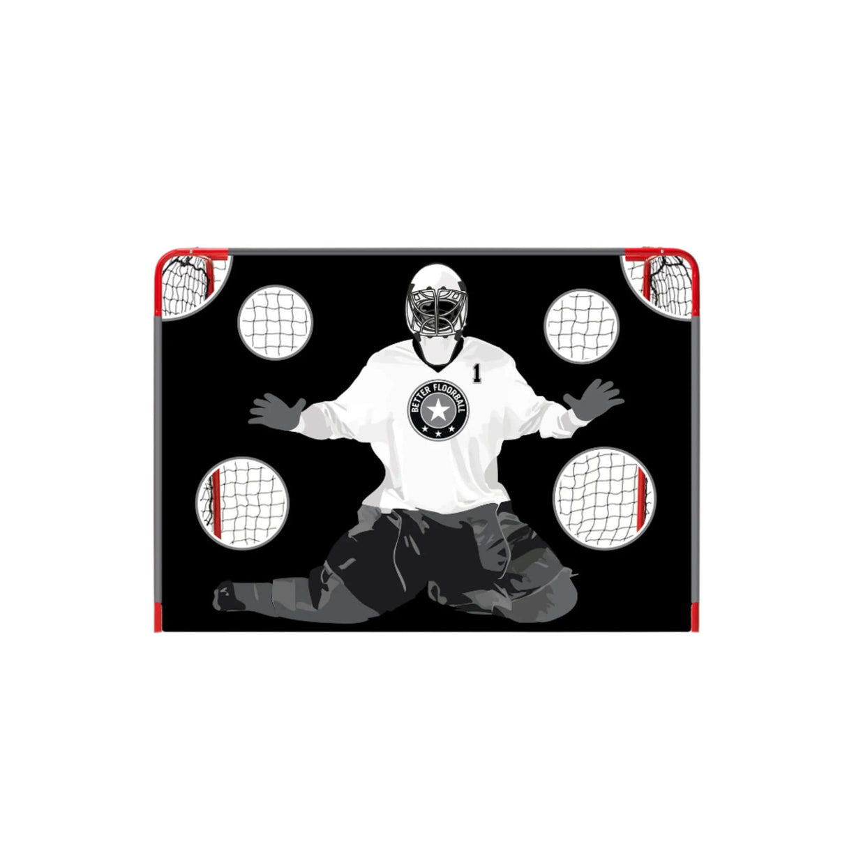 Målvaktsduk Extreme Floorball Goalie för träning med innebandymål, realistisk design för förbättrad innebandyträning.