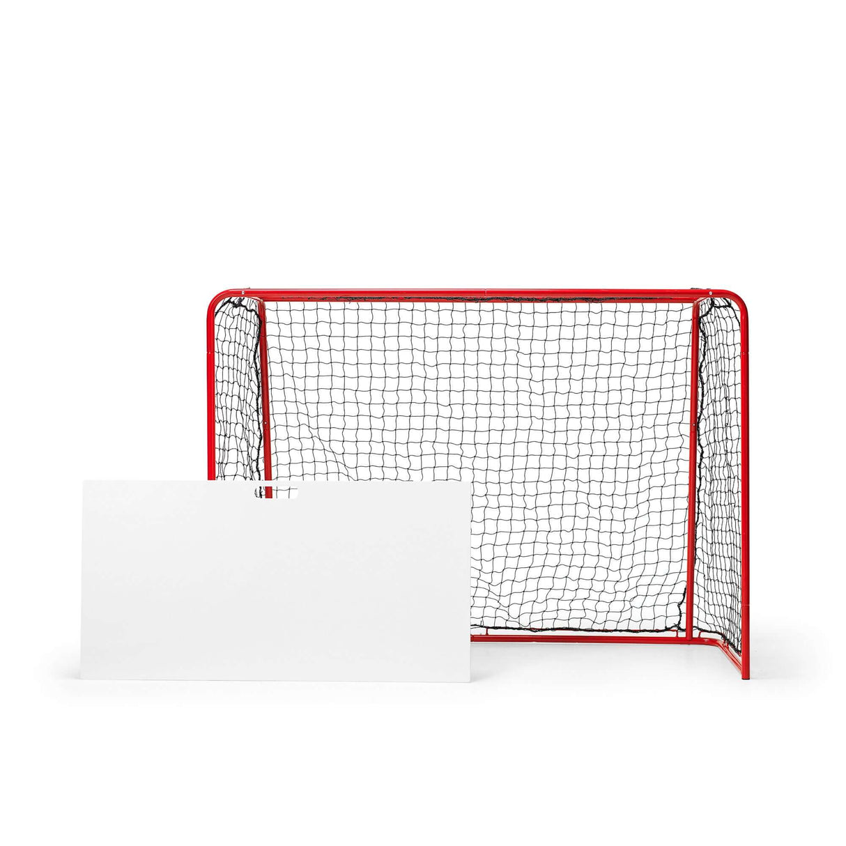 Extreme floorball goal with net and portable shooting board, perfect for practicing skottramp innebandy at home.